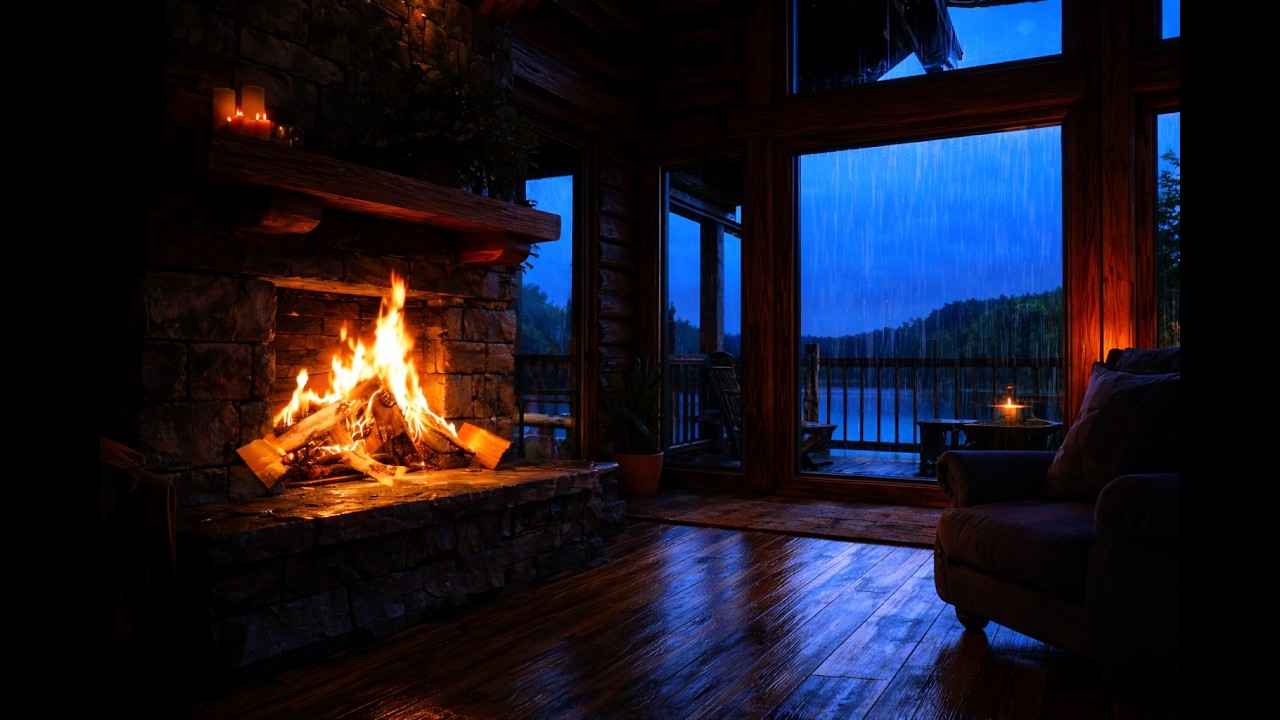 Cozy Fireplace & Heavy Rain by the Lake 🌧️🔥 Rain Sounds for Sleeping (8 Hours)
