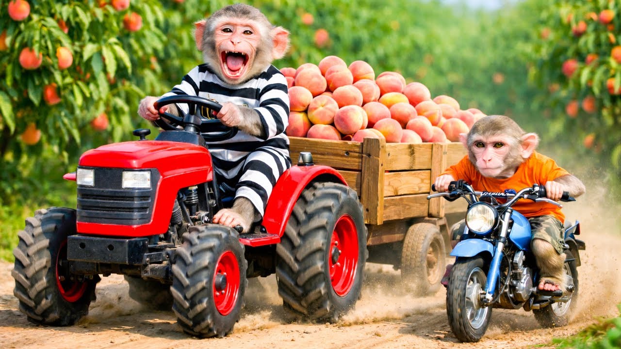 Monkey Farm: Peach Harvest Chaos After Tractor Is Stolen! - Monkey Farm Work | KaKa Monkey Life