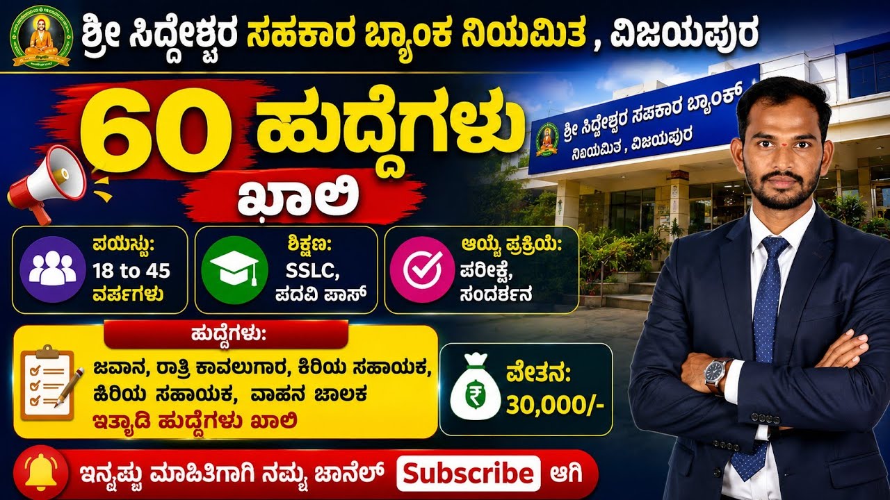 Peon recruitment 2026| watchman, driver, Junior assistant recruitment| Siddeshwara sahakari Bank