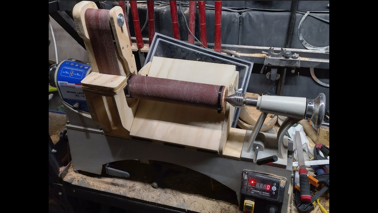 Lathe-powered wood thicknesser and belt sander build