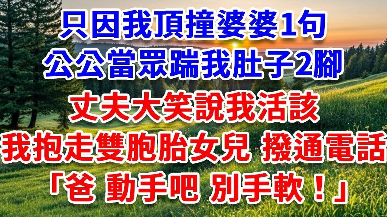 只因我頂撞婆婆1句，公公當眾踹我肚子2腳，丈夫大笑說我活該，我抱走雙胞胎女兒，撥通電話：「爸，動手吧 別手軟！」#詩涵講故事#為人處世#生活經驗#情感故事#晚年哲理#說故事#完結文#原創故事