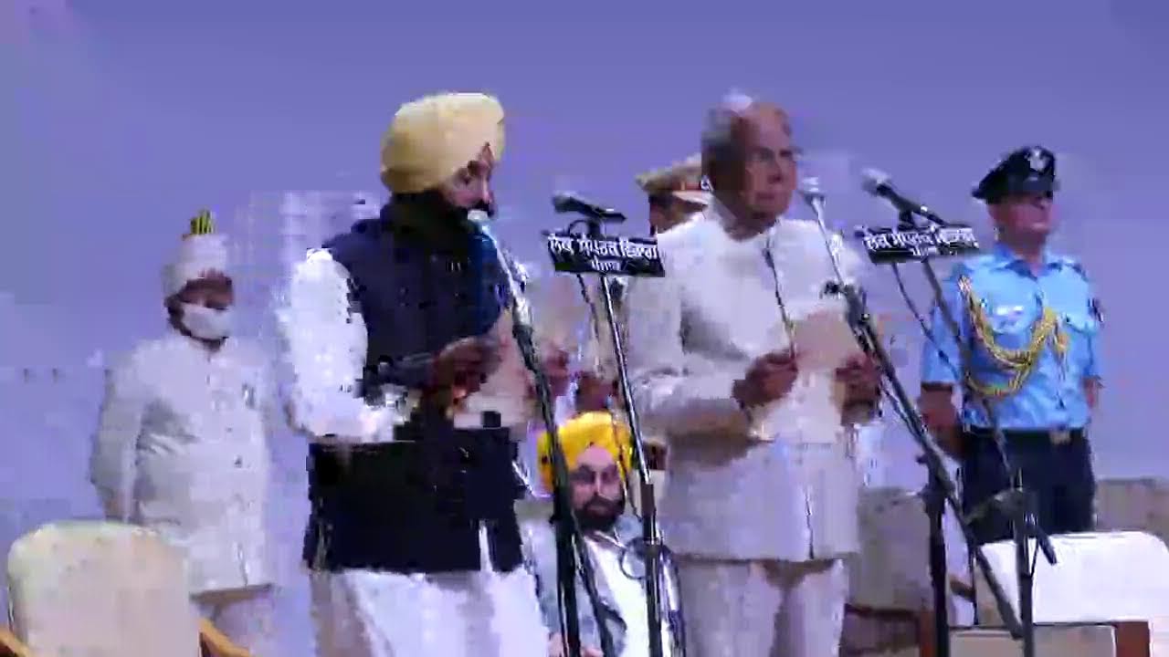 CM Bhagwant Mann led cabinet taking oath during swearing in ceremony at Punjab Raj Bhawan, CHD.