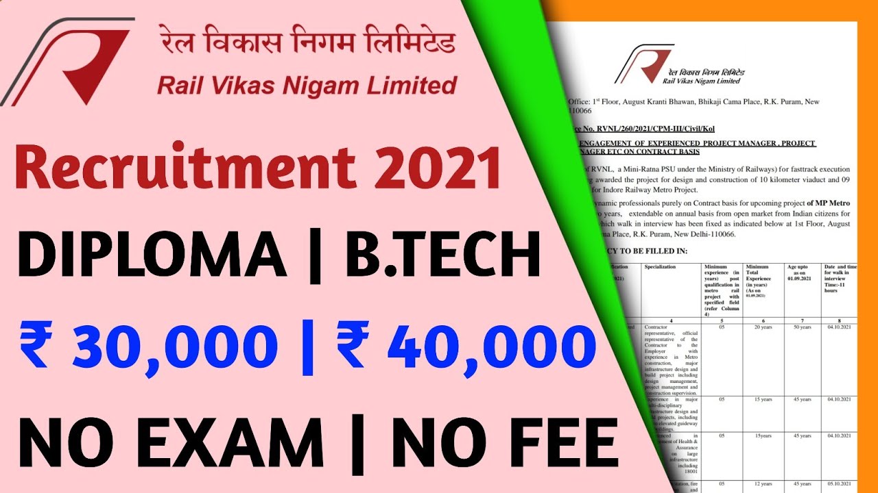 RVNL Recruitment 2021 | Diploma B.tech | No Fee | Civil Engineering Jobs | Diploma Jobs Vacancy 2021