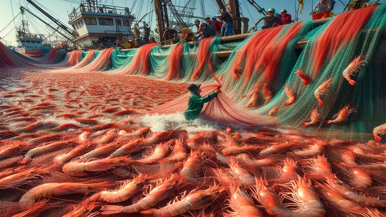 How American Fishermen Catch Billions of Shrimp on the Boat- Trawl Net Caught Shrimp