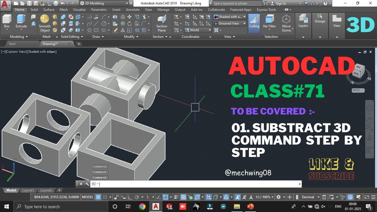 Substract Command | Substract AutoCAD Command | Substract 3D Command | AutoCAD 3D Class 71