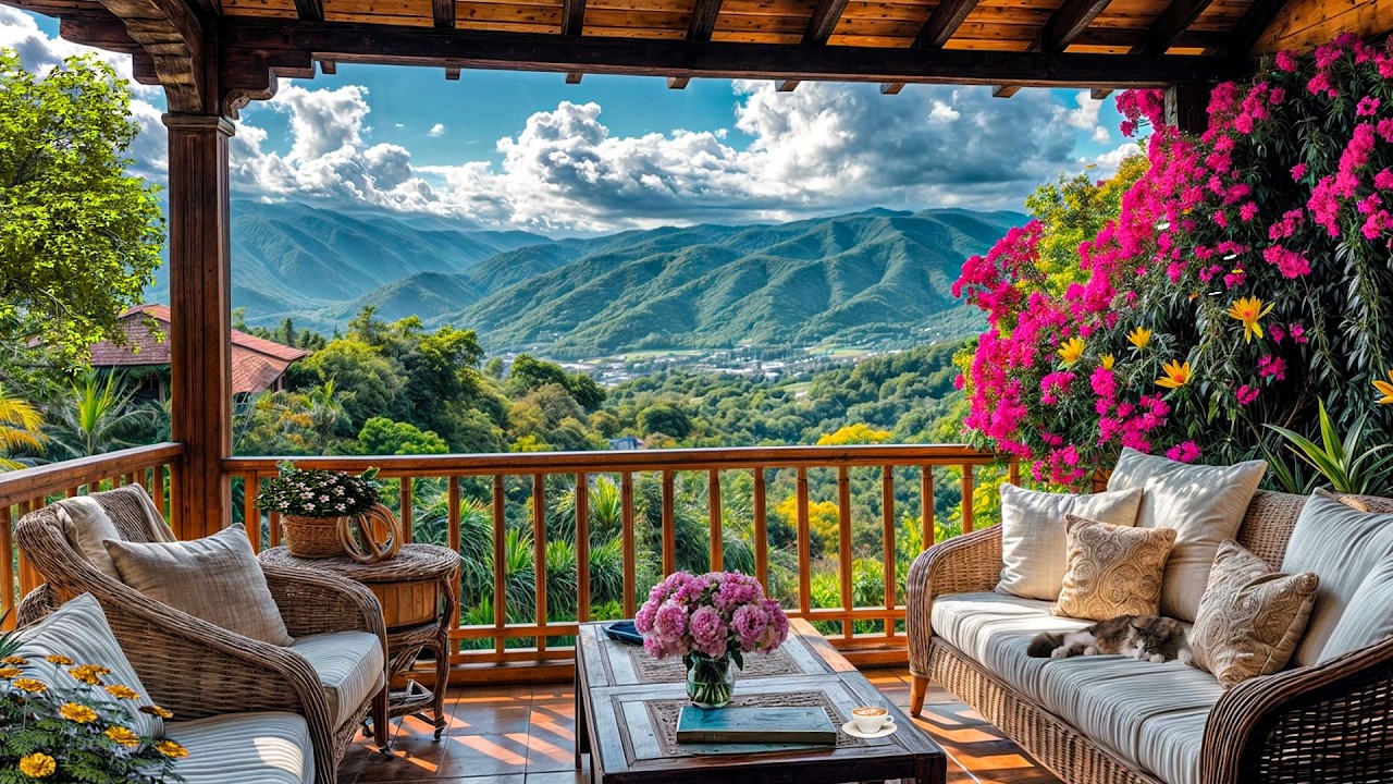 Calm Spring Morning on Mountain Balcony 🌼 Cozy Sofa, Cherry Blossoms & Birdsong |4K Nature Ambience