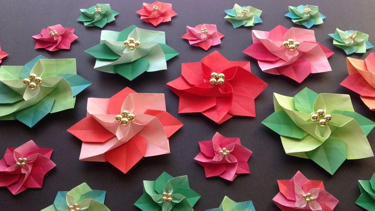 クリスマス折り紙 ポインセチア 立体 1枚 折り方 Origami Christmas Poinsettia tutorial（niceno1）