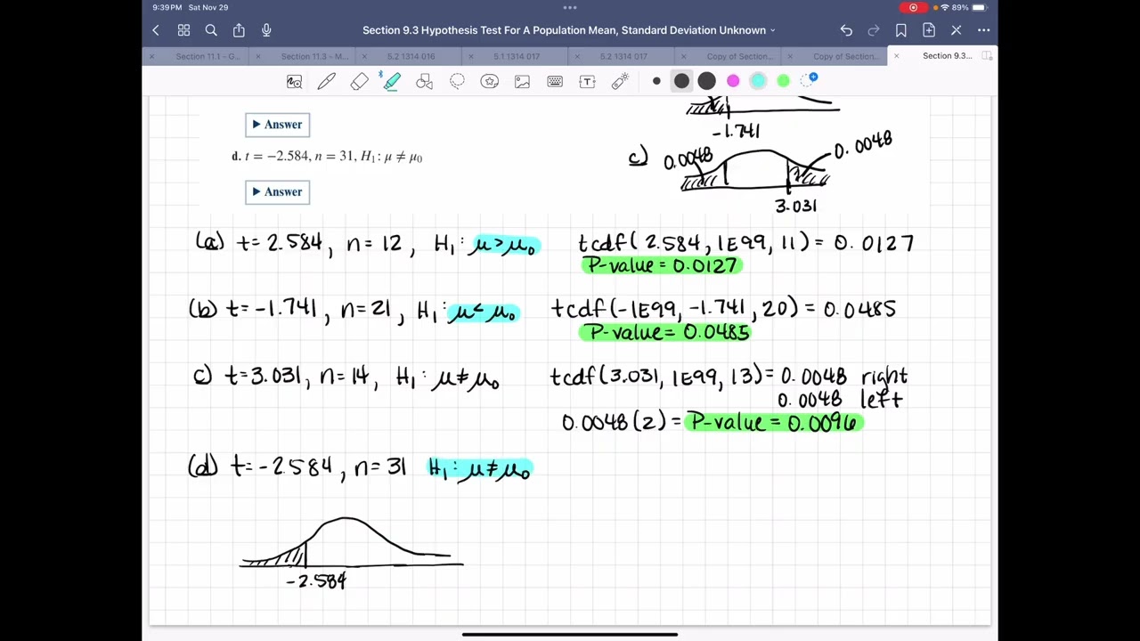 Section 9.3 - Hypothesis Tests for a Population Mean, Standard Deviation Unknown