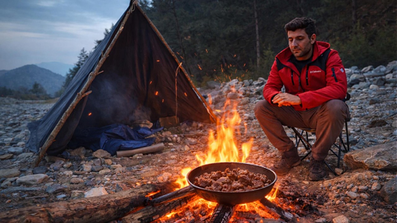 Solo Camping by a Wild River | Tarp Shelter, Campfire & Steak