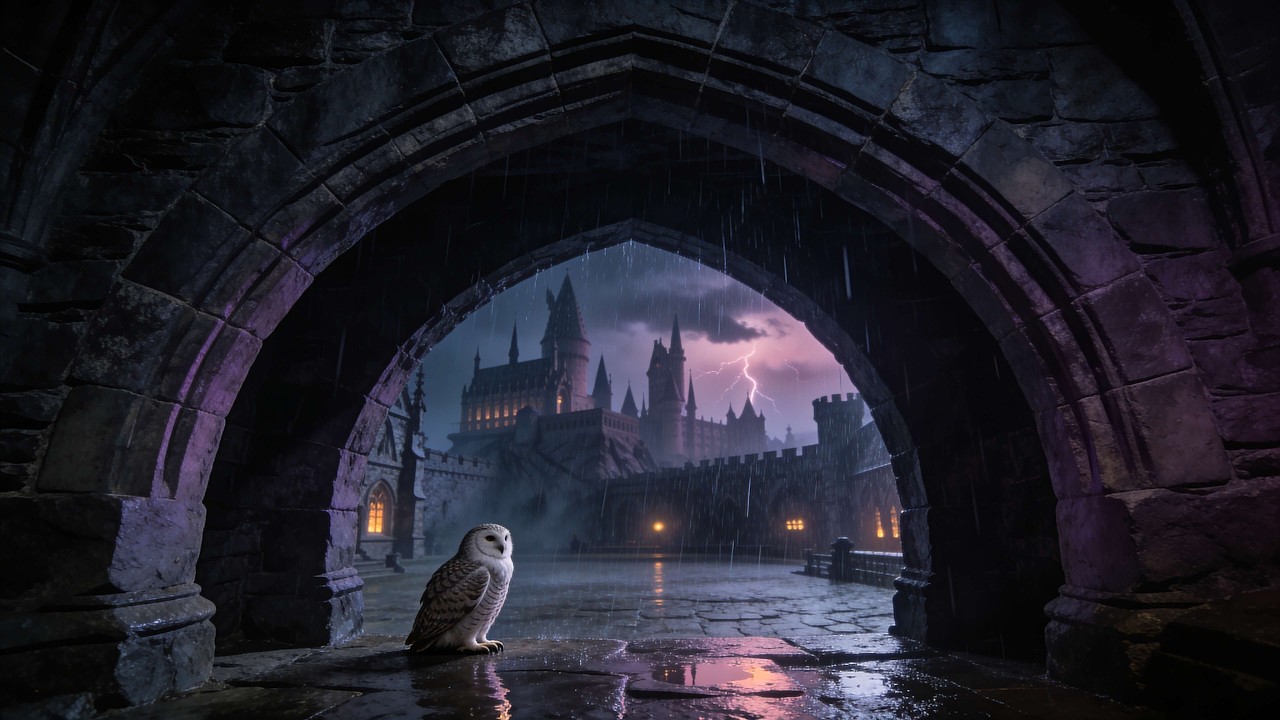 Owl Tower Rain at Hogwarts | Cozy Night Ambience | Window View for Sleep 🦉🌧️ Rain, Ambience