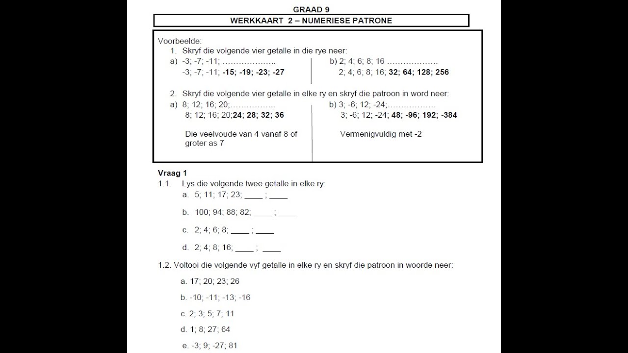 Patrone: Numeriese Patrone werkkaart