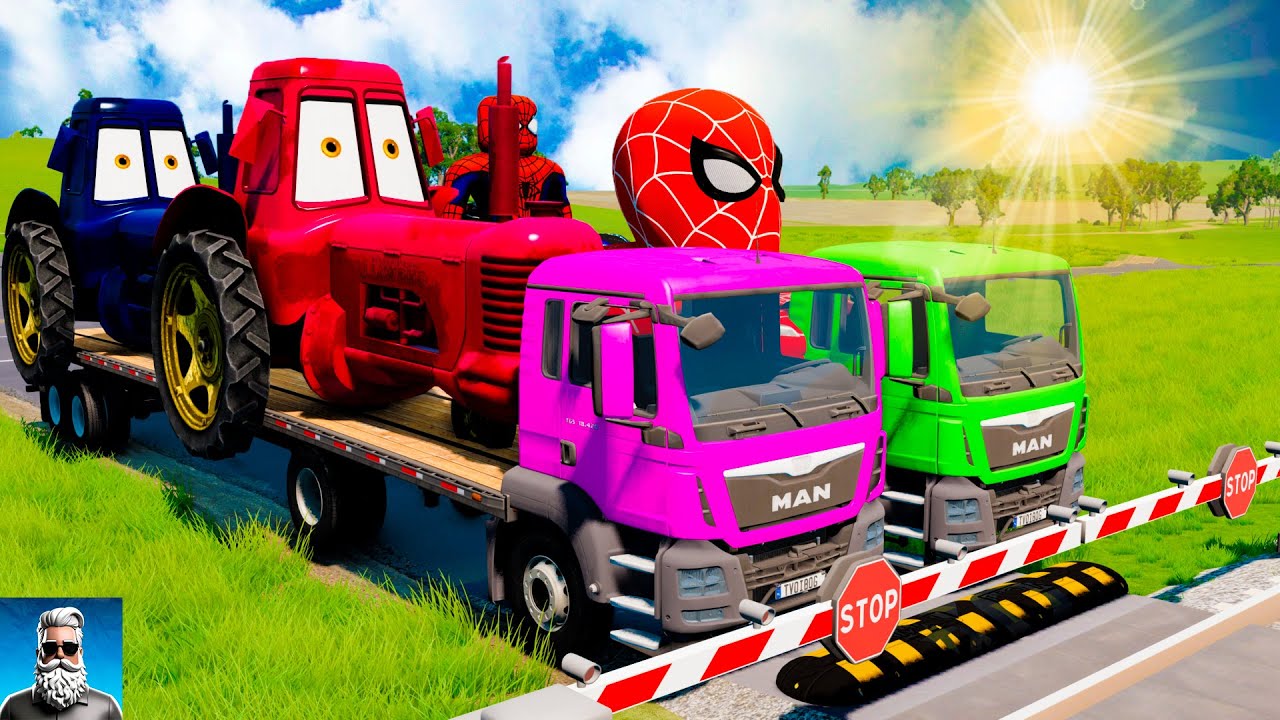 Double Flatbed 🚷Trailer Truck vs Speedbumps Train vs Super Hero Cars BeamNG Drive #11
