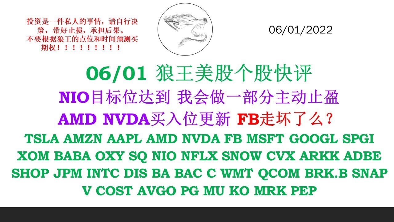 狼王美股个股快评 NIO目标位达到我会做一部分主动止盈 AMD NVDA买入位更新 FB走坏了么？TSLA AMZN AAPL AMD NVDA FB MSFT GOOGL SPGI XOM BABA