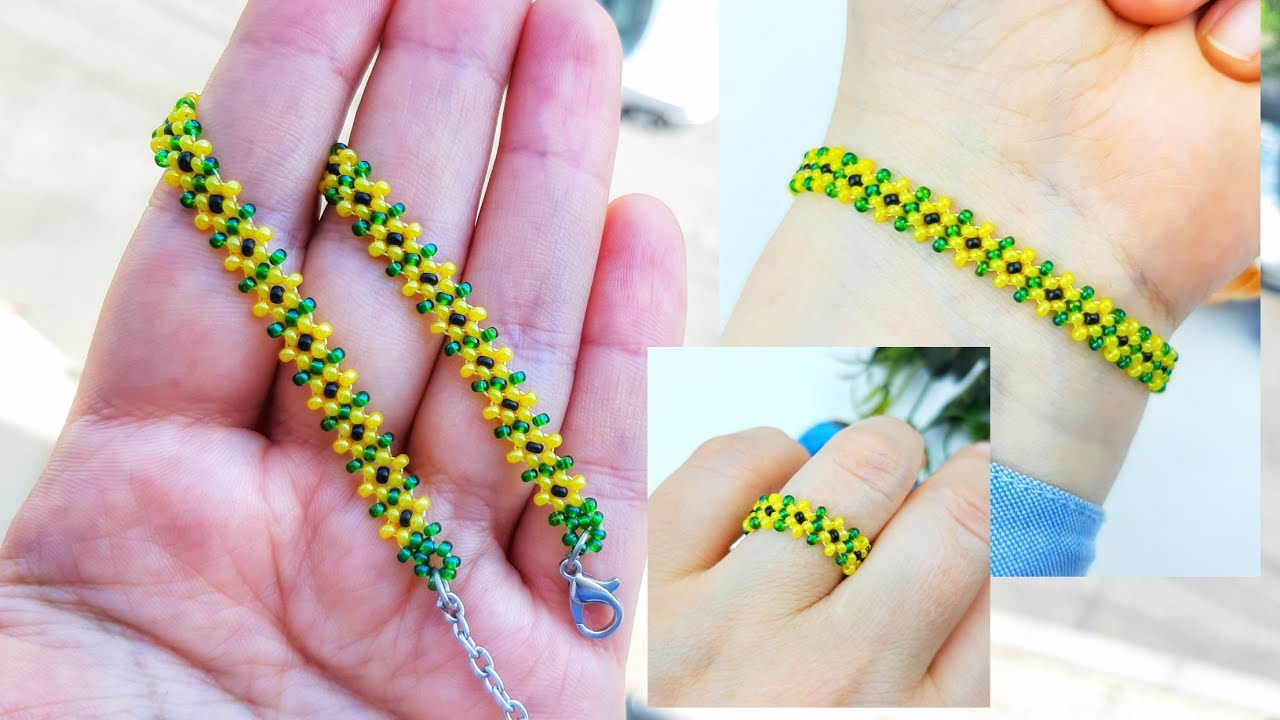 Kolay ay çiçeği bileklik yapımı. Easy sunflower bracelet & Ring making.  Beading Tutorial.