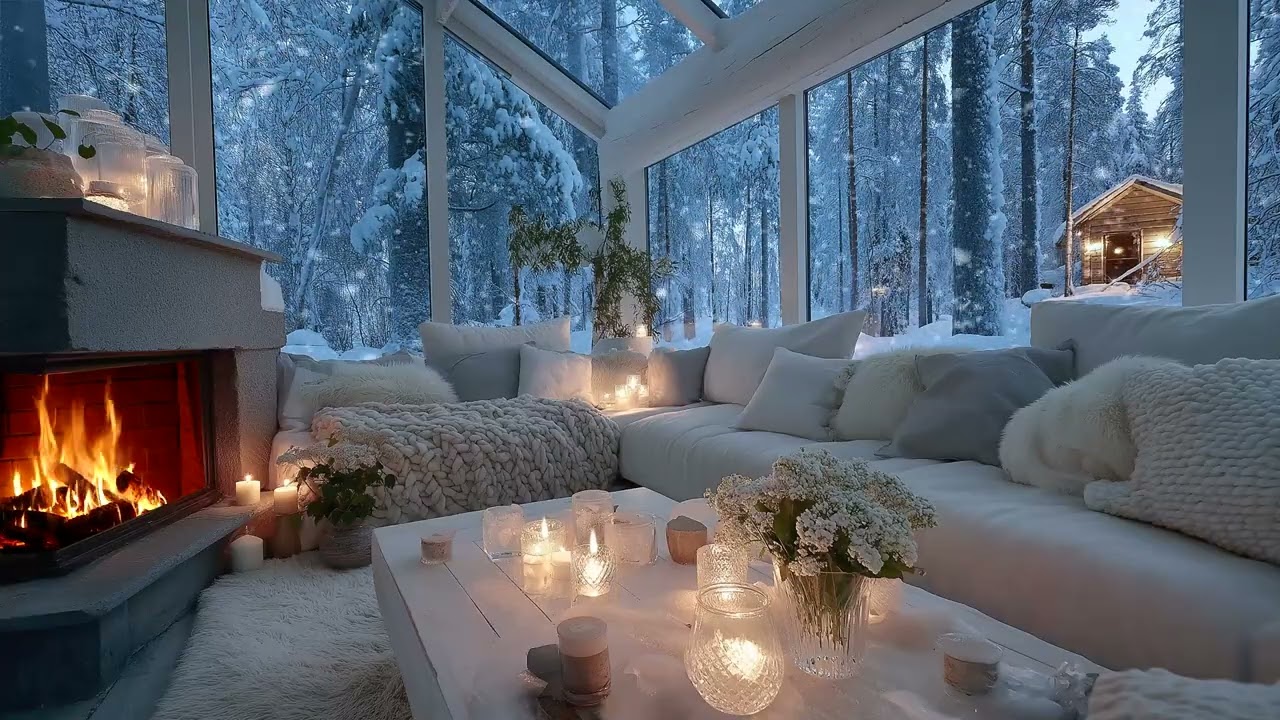 ☃️🎹 Romantic Winter Snow Piano Background | Elegant White Lounge Fireplace | 5 Hours Deep Focus Calm