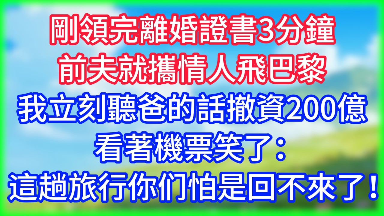 【爽文】剛領完離婚證書3分鐘，前夫就攜情人飛巴黎，我立刻聽爸的話撤資200億，看著機票笑了：這趟旅行他们怕是回不來了！