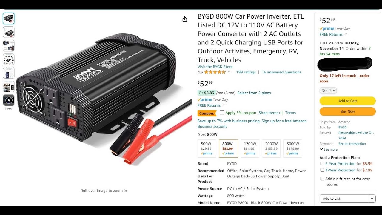 BYGD 800W Car Power Inverter DC 12V to 110V AC Battery Power Converter