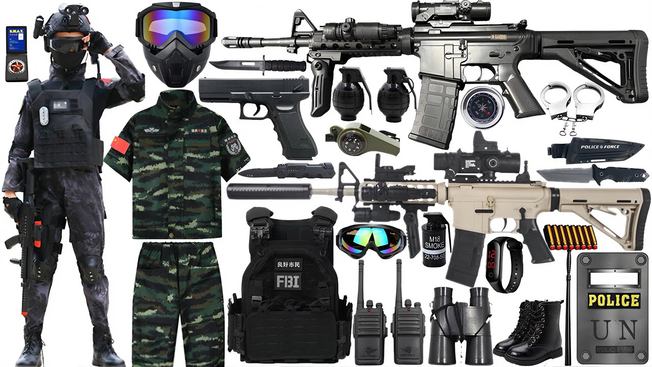 Special Police Weapons Toy set Unboxing-M4A1 guns, Gas mask, M416 guns Dagger grenade,RPG,AK-47,