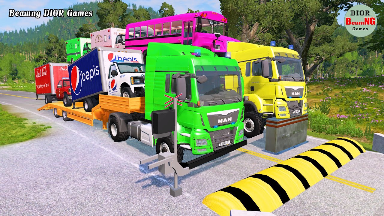 Double Flatbed Trailer Truck vs speed bumps|Busses vs speed bumps|Beamng Drive|1263