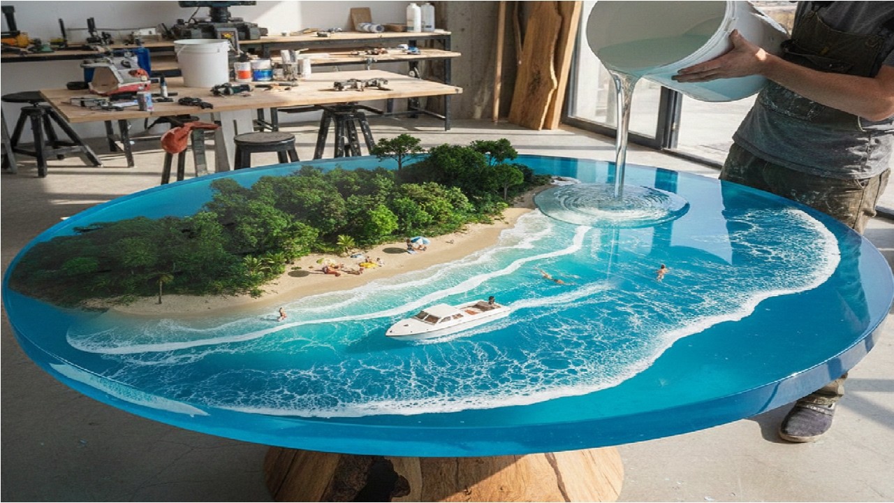 Beautiful Epoxy Table Heart melting - Click to See the Process of Creating Paradise Island