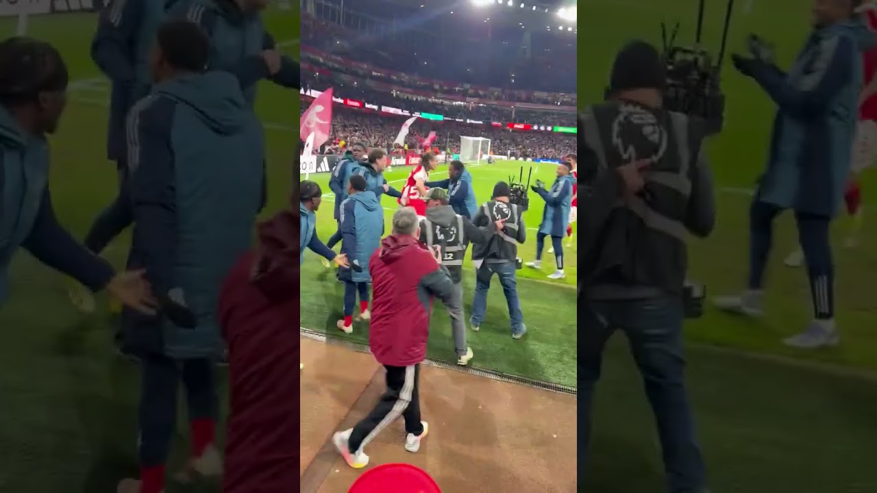 Up close with the Arsenal players celebrating Max Dowman&rsquo;s history making goal against Everton! 🙌❤️