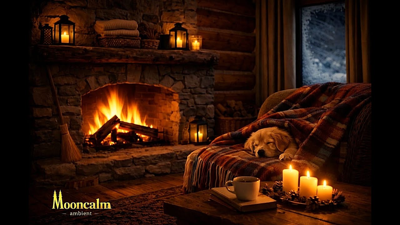 Fire Crackling with Wind and Snowstorm Outside | Cozy Winter Night by the Fireplace | Cabin Life