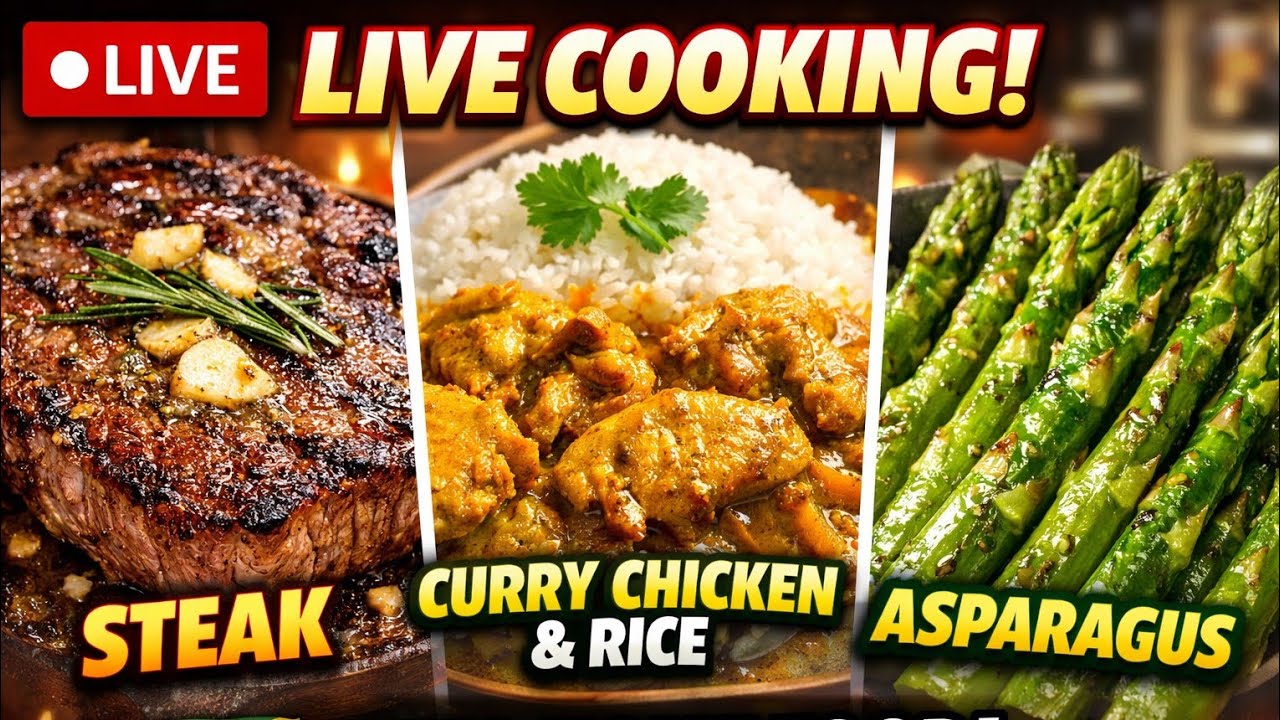 LIVE Cooking Steak & Jamaican Curry Chicken 🍛🥩 | Rice + Asparagus | Real Home Cooking