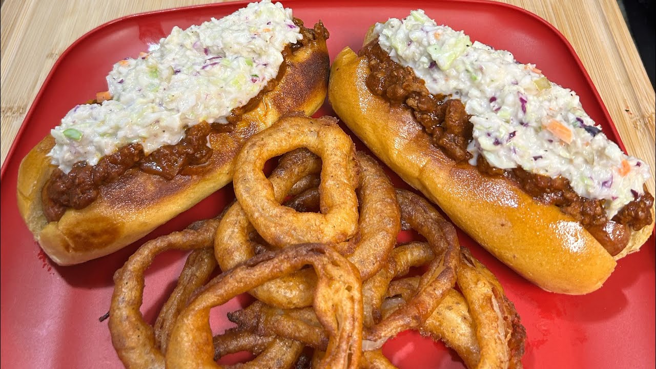 Chili Slaw Dogs w/ Battered Onion Rings (Everything is Homemade)