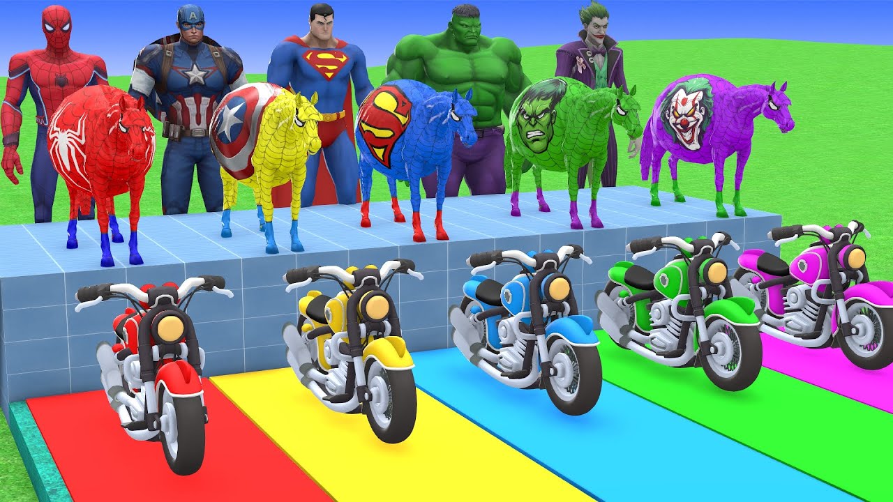 RED HORSE SPIDERMAN CROSSING FOUNTAIN ON RAINBOW SPIDERS BRIDGE AGAINST SHARKS RESCUE ANIMALS GAME