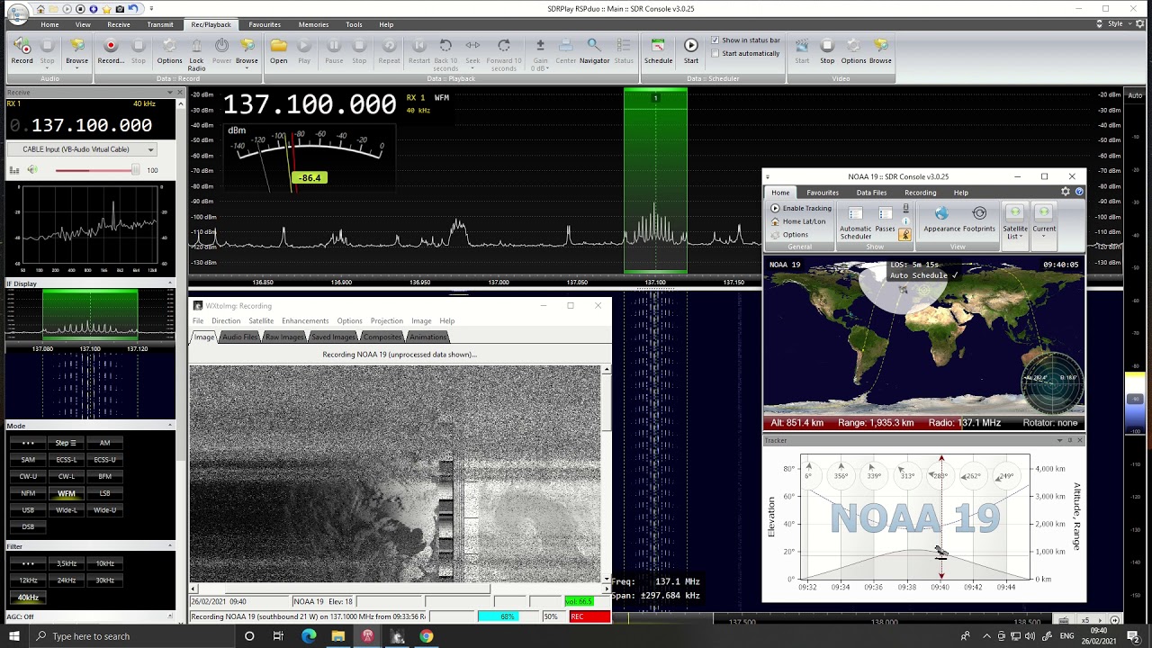 Decoding weather satellite NOAA 19using WXtoimg software and SDR Console