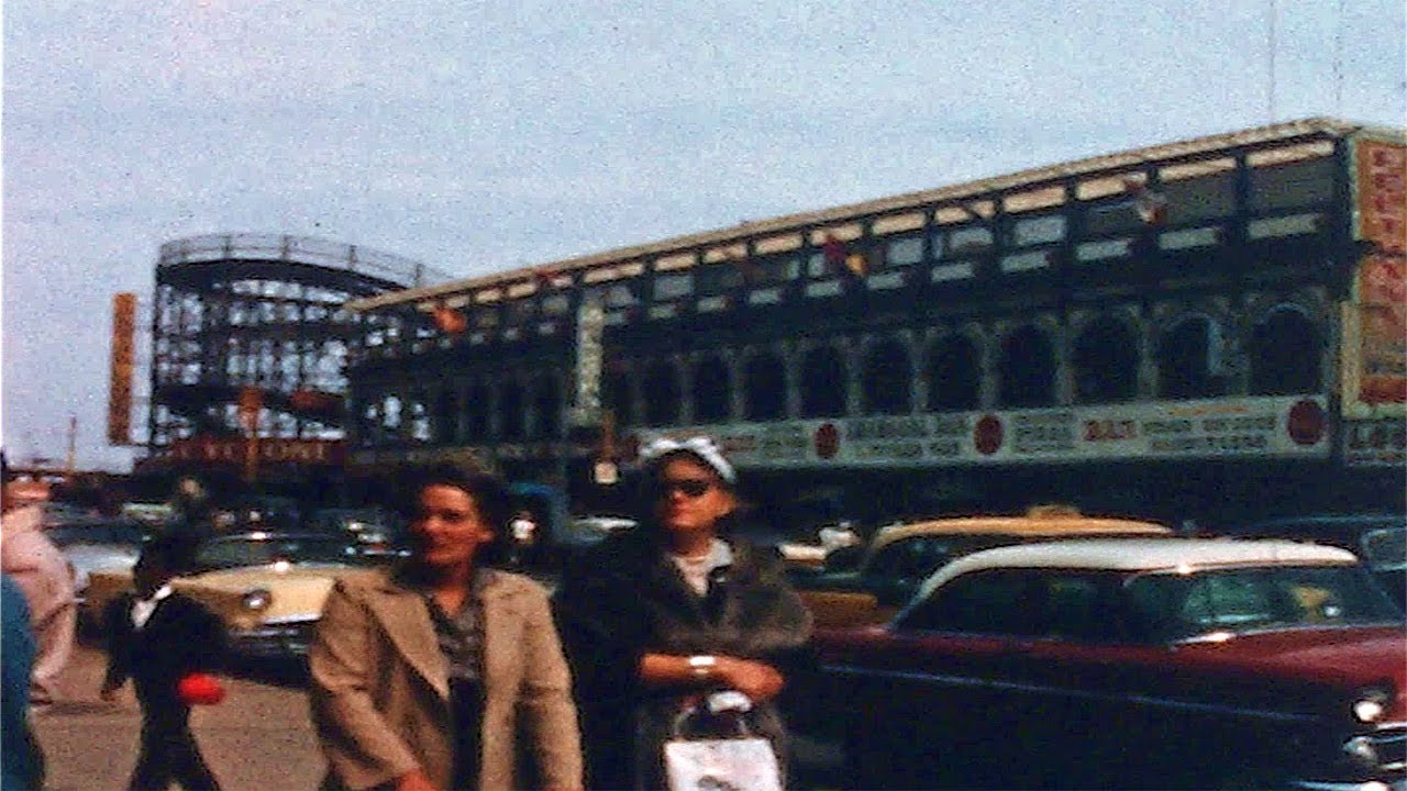 Coney Island NYC 1958 ~ A Busy Surf Avenue, Steeplechase Park & Parachute Jump
