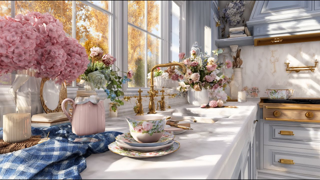 Fall Kitchen 2025: Warm, Welcoming Decor With Feminine Shabby Chic Blush & Misty Blue Accents