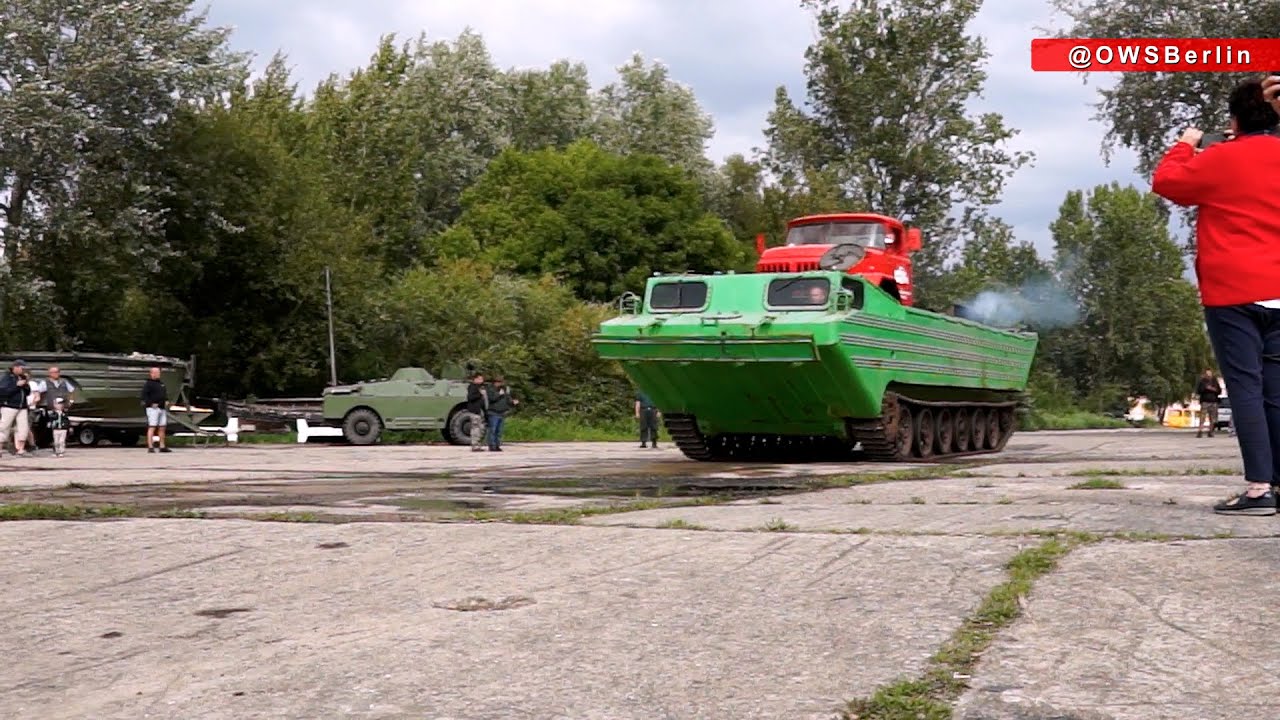 Soviet (Russian) tracked amphibious transport PTS-M loading Truck ZIL-131 and  Drives on Water!