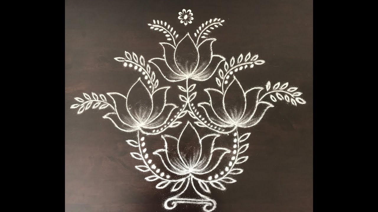 Beautiful lotus flower rangoli with 7-1 straight dots || Kolam with dots