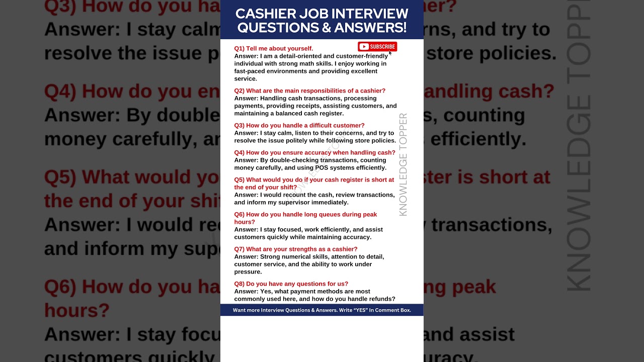 Cashier Interview Questions and Answers | Cashier Job Interview Questions and Answers
