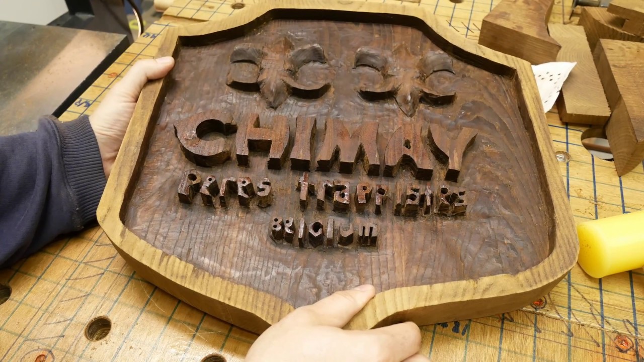 Carving wooden Chimay plaque for bar