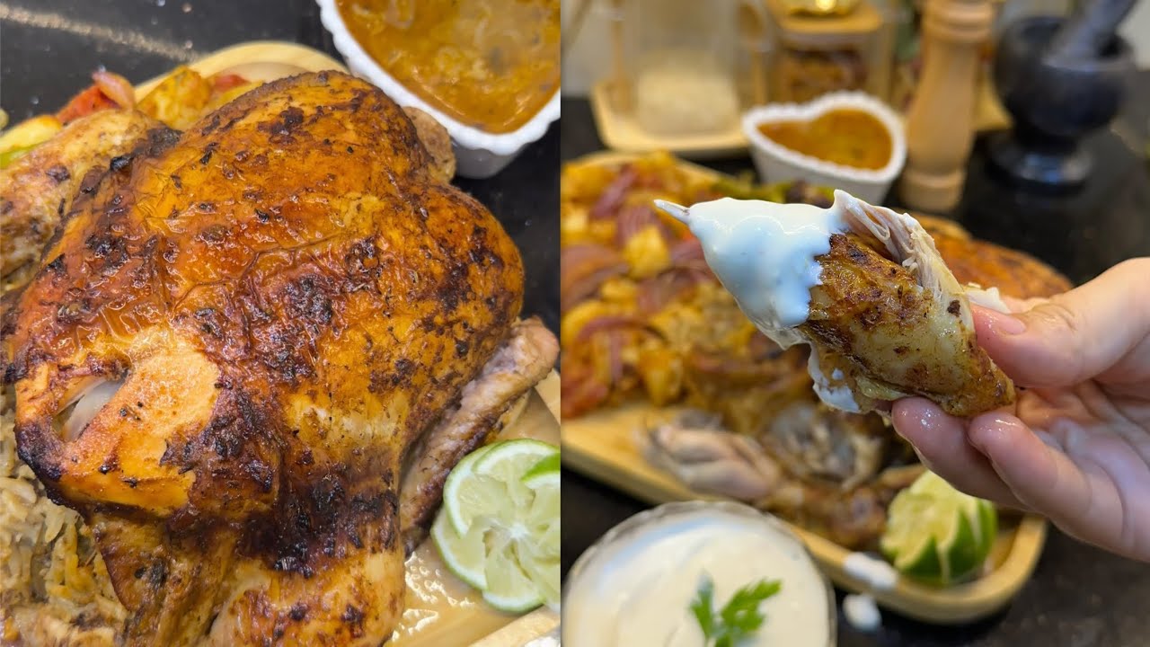 #اطباق رمضان🔥دجاجة محمرة محشية بالروز🤤مع بطاطا كوشة👌مع سر التحميرة🤫وصوص التغماس هبااال😋