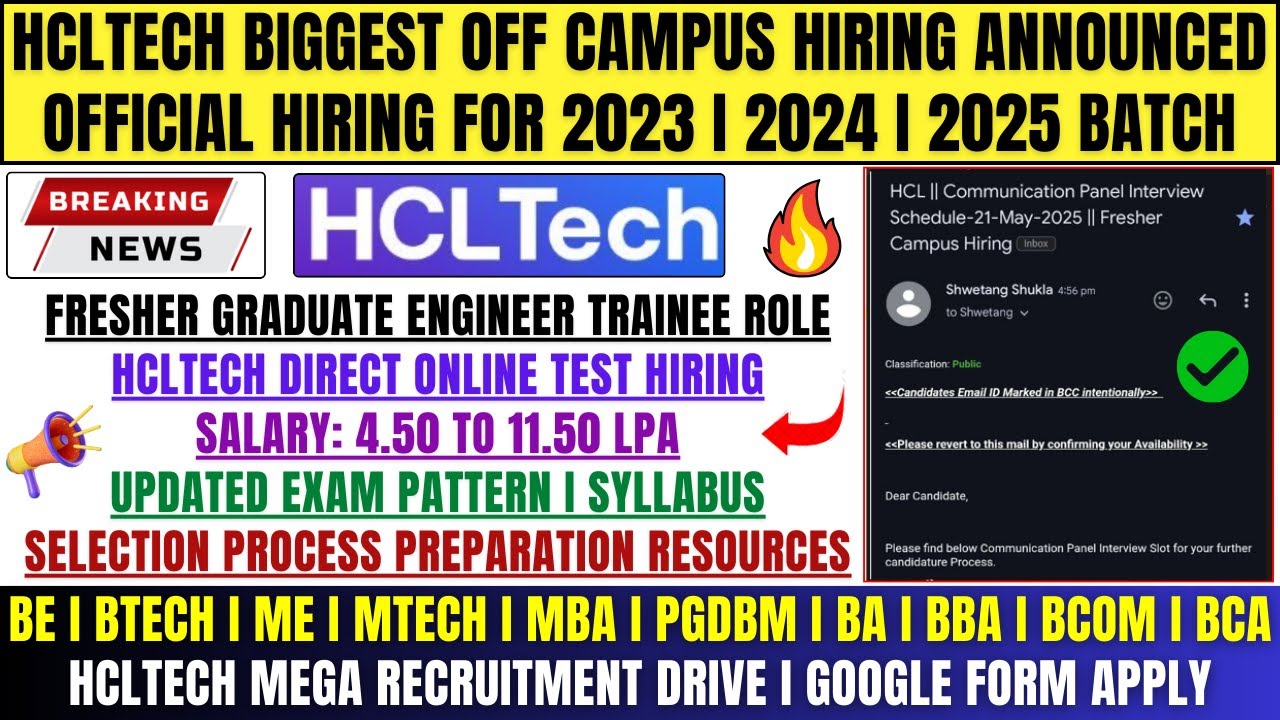 🔥HCLTech Direct Test/Interview Hiring | Instant Sending Update | Off Campus Drive | 2024, 2025 BATCH
