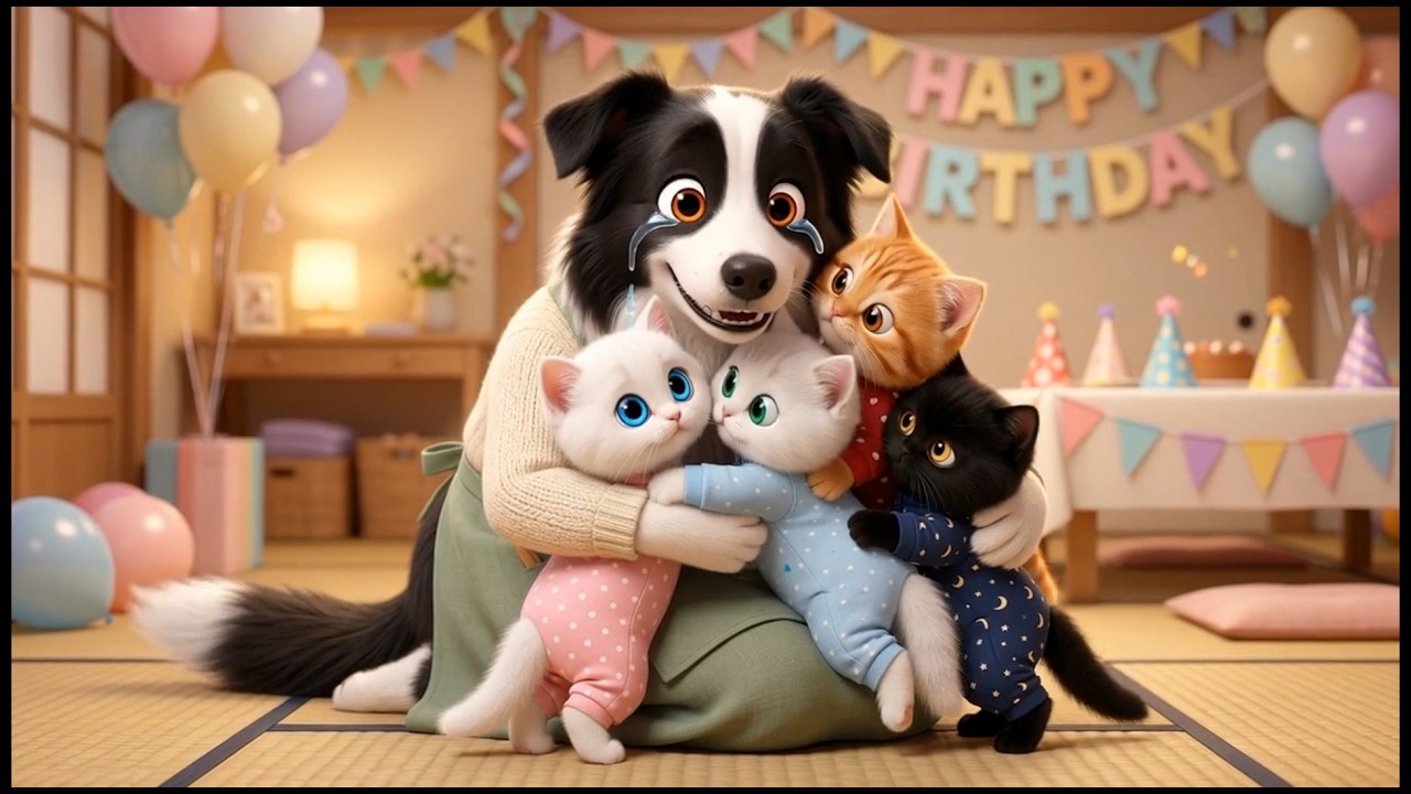 Cartoon: 4 kittens throw a surprise birthday party for their mother dog.