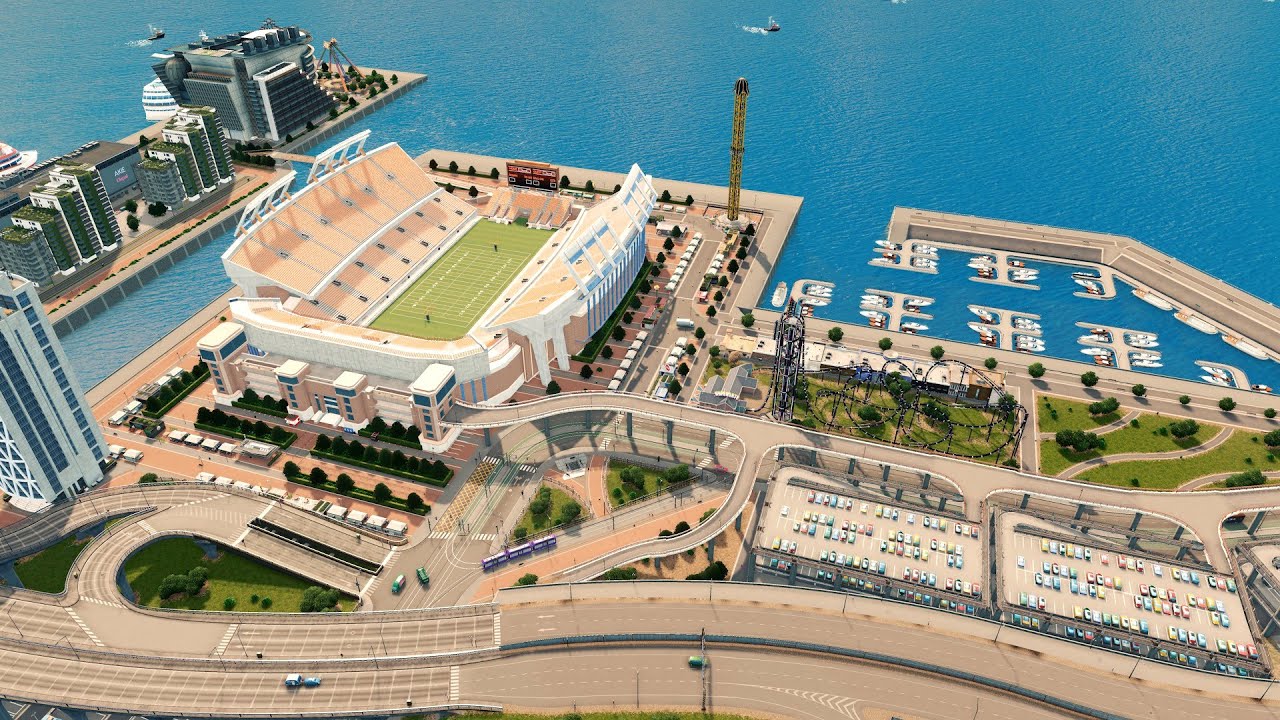 Building a Stadium, Waterfront Park & Entertainment District in Cities: Skylines | Vanilla Assets