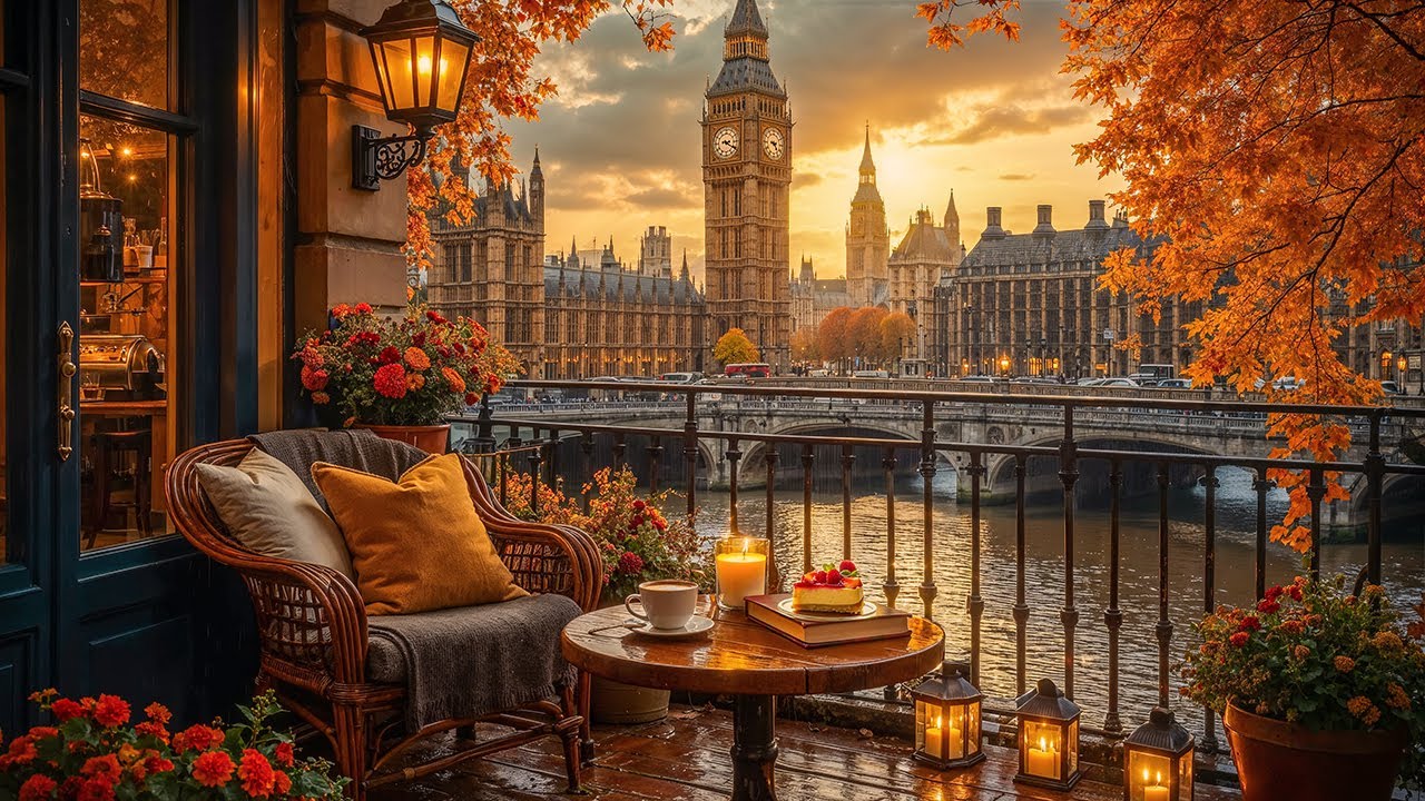 Warm Autumn Evening & London Balcony Caf&eacute; Ambience 🍂 Relaxing Jazz Instrumental for Study, Work
