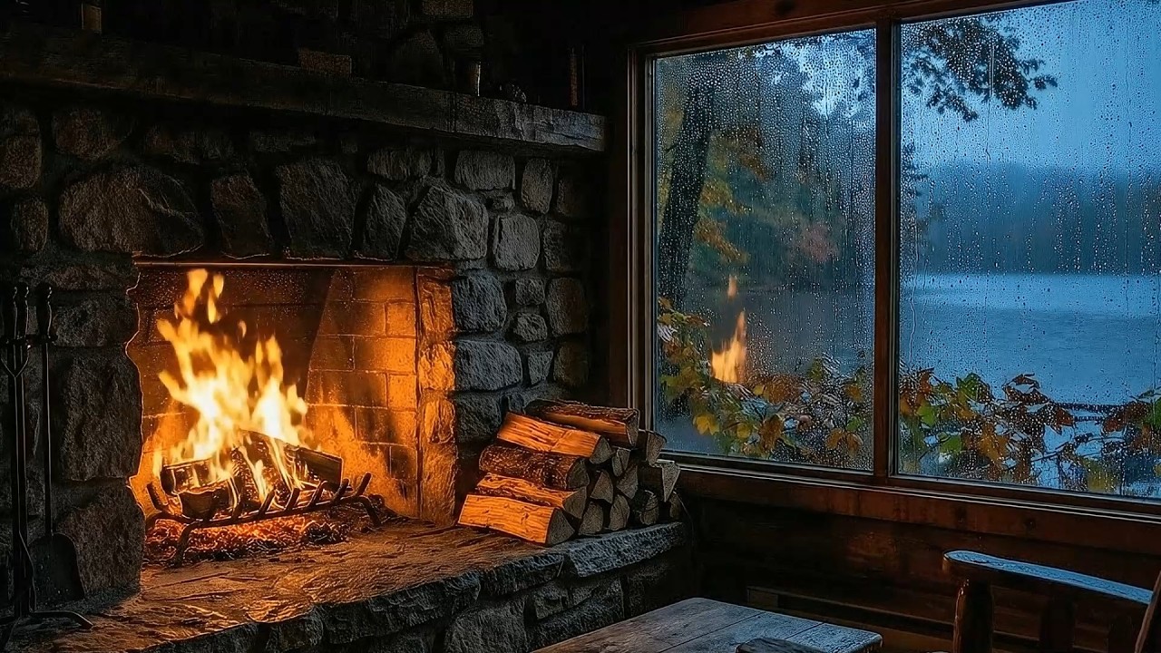 Rainy Night at Cozy Cabin - Fireplace Sounds & Rain on Window for Sleeping & Study