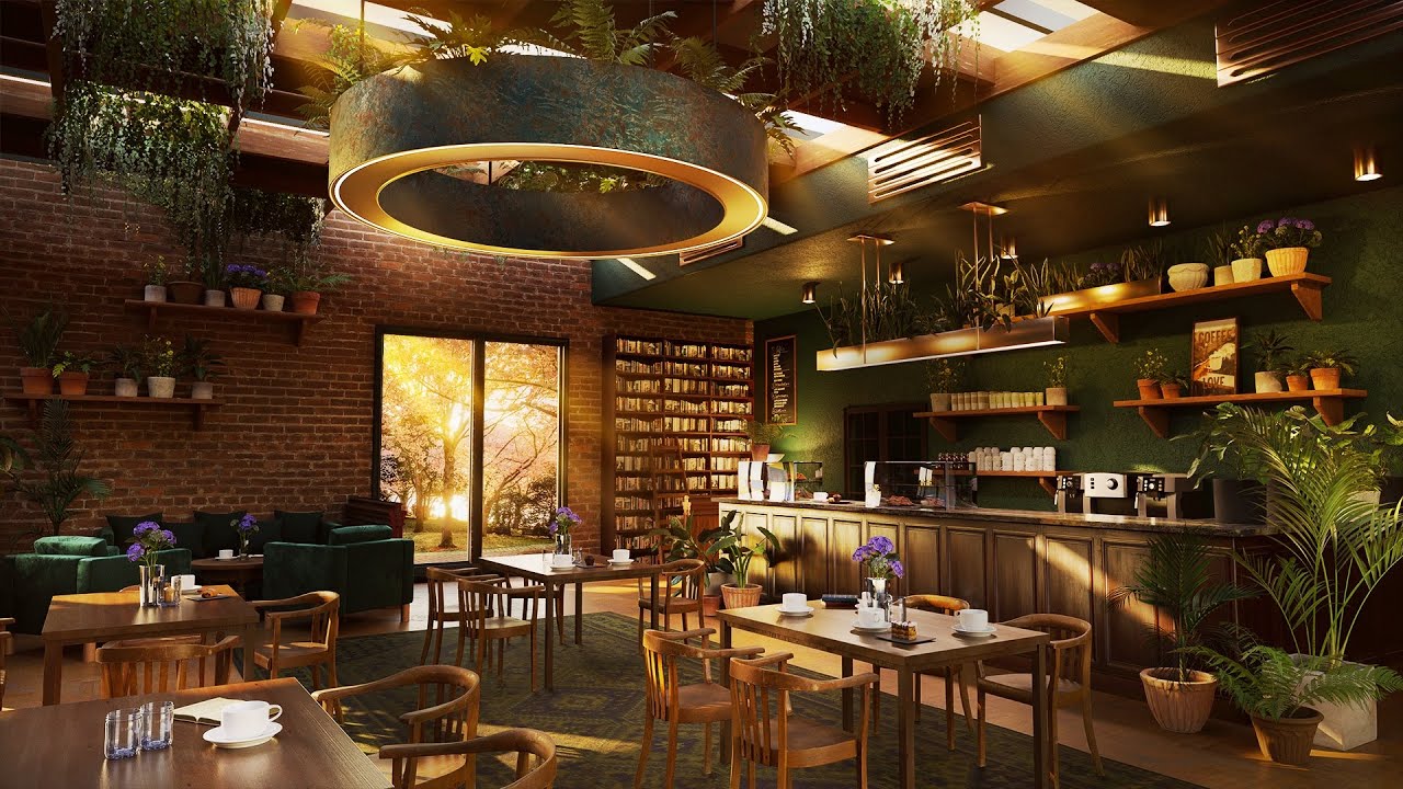 Уютная весенняя кофейня с приятной джазовой музыкой для отдыха, учебы и сна