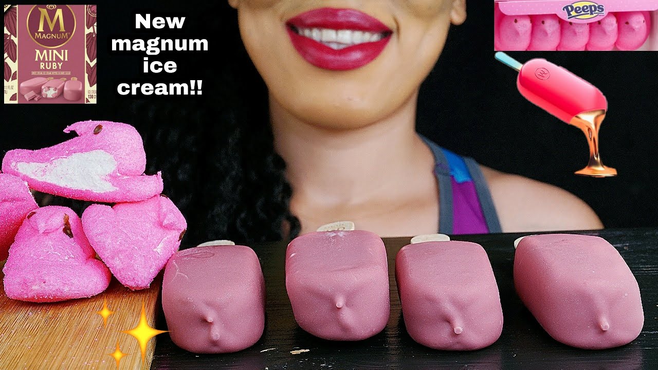 (Pink party🎉) New magnum Ruby mini ice cream bars, pink peeps |CRUNCHY EATING SOUNDS *NO TALKING