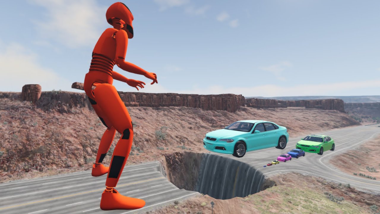 Small to Giant Cars vs Giant Dummy Over Deep Pit – BeamNG.drive