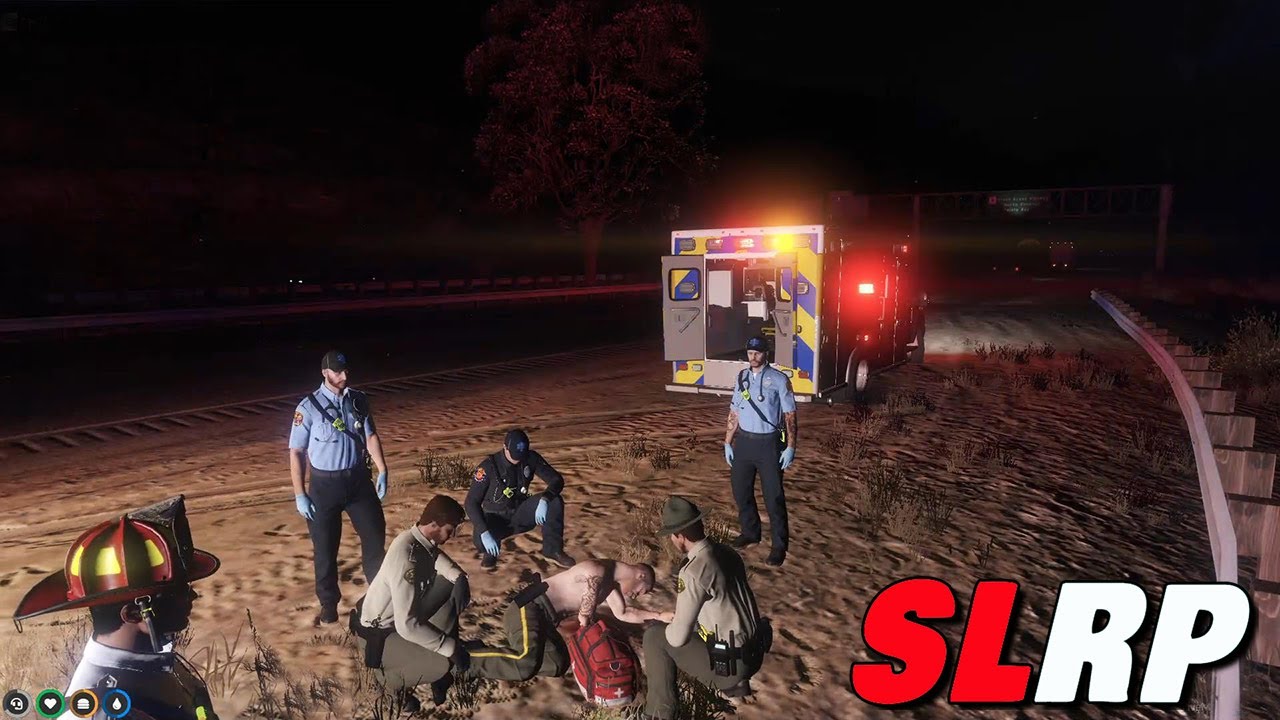 GTA 5 FiveM Multiplayer - Panic Button Press - Stabbed deputy transported to ER