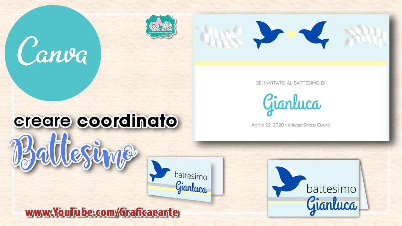 Grafica coordinato battesimo INVITI - TAG - SEGNAPOSTI - con Canva.com