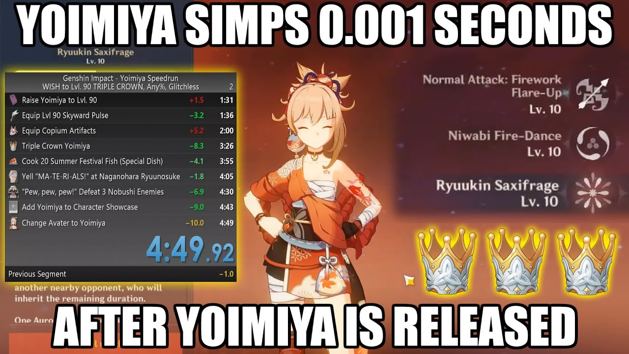🕒🏆 [WORLD RECORD] Yoimiya Lvl. 90 TRIPLE CROWN👑👑👑, Any%, Glitchless Speedrun 2.0 ver