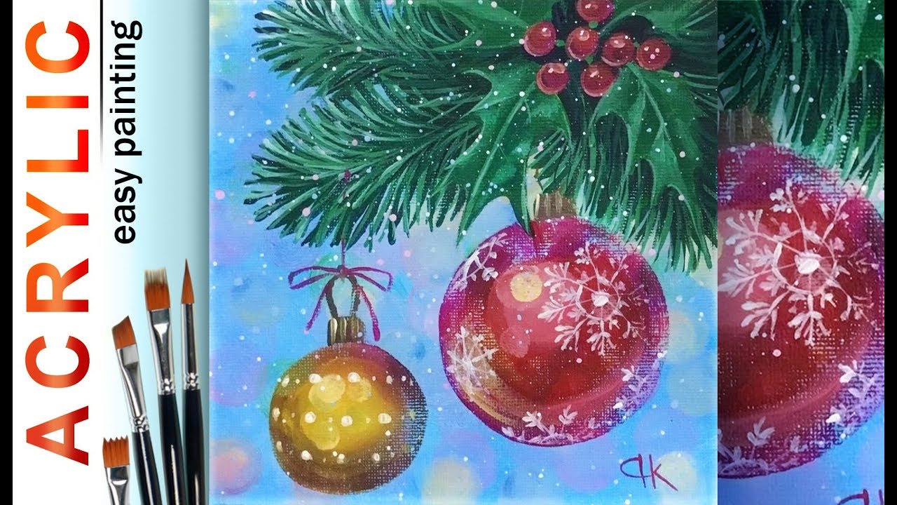 «Рождество и листья падуба» Как рисовать 🎨АКРИЛОМ ДЕМО-урок для начинающих