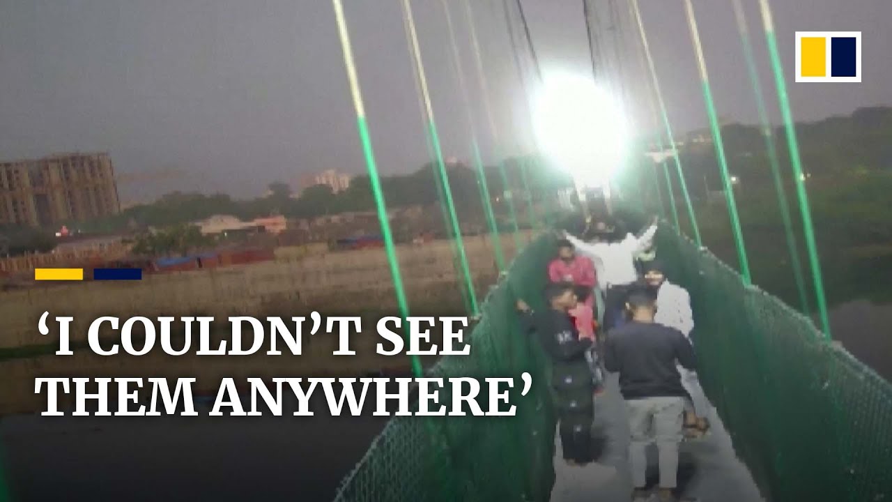 CCTV footage shows the moment a suspension bridge in India collapses, killing 141